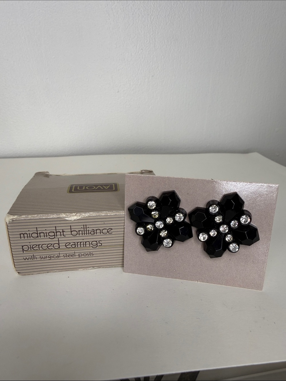 Vintage Avon (1987) midnight brilliance pierced earrings - black and crystal